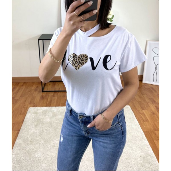 T-shirt Blanc Love à col ouvert
