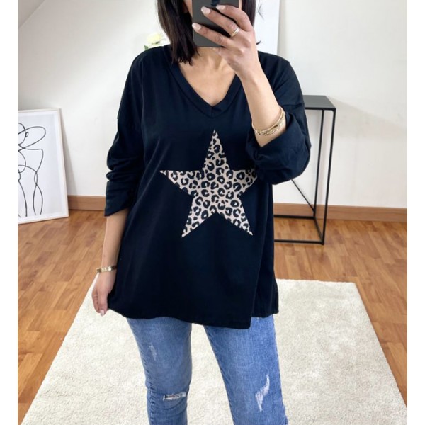 T-shirt Noir avec étoile en léopard